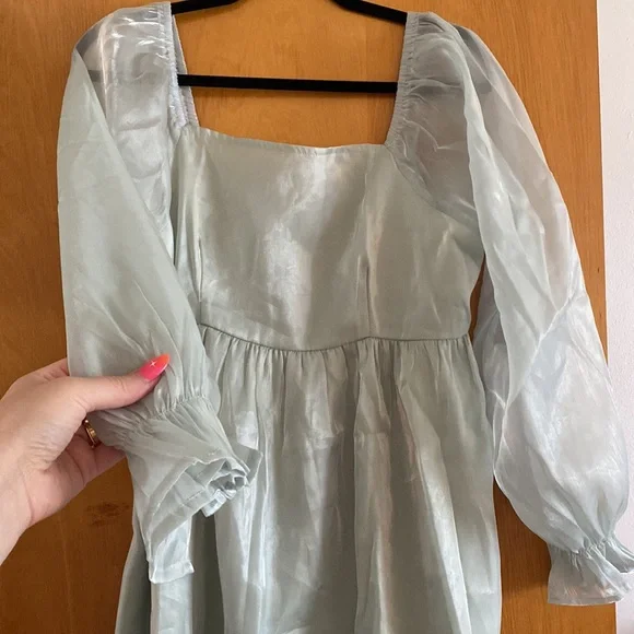 Womens Puff Sleeve Square Neck Puffy Dress Babydoll Mesh Mini Dress - Picture 4 of 5